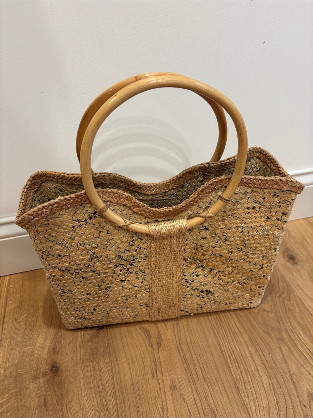 Handwoven Natural Straw Tote with Bamboo Ring Handles
